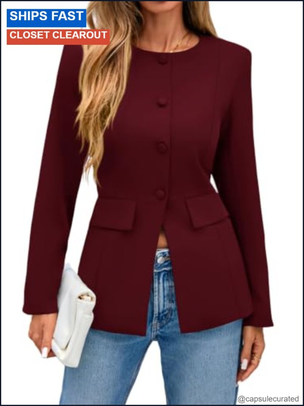 Womens Long Sleeve Button Down Blazer Crewneck Suit Jacket